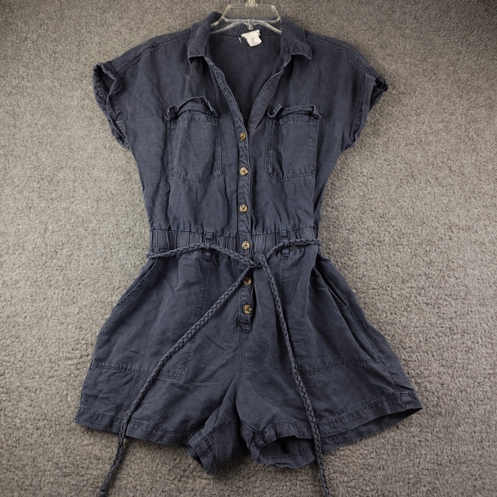 Nicole Miller New York Navy Blue Linen Blend Utility Romper Sz Small SS Coastal